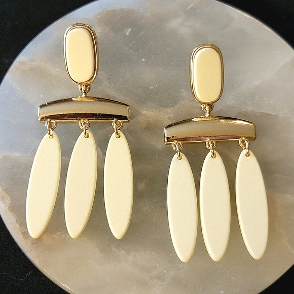 Chandelier Drop Earrings Gold Tone And Winter White Ceramic Statement Earrings